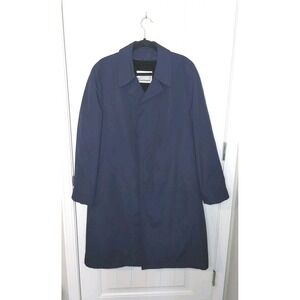 Vtg Men Sears Raintamer Trench Coat Blue Large Black Fur Lining Long Reg 40